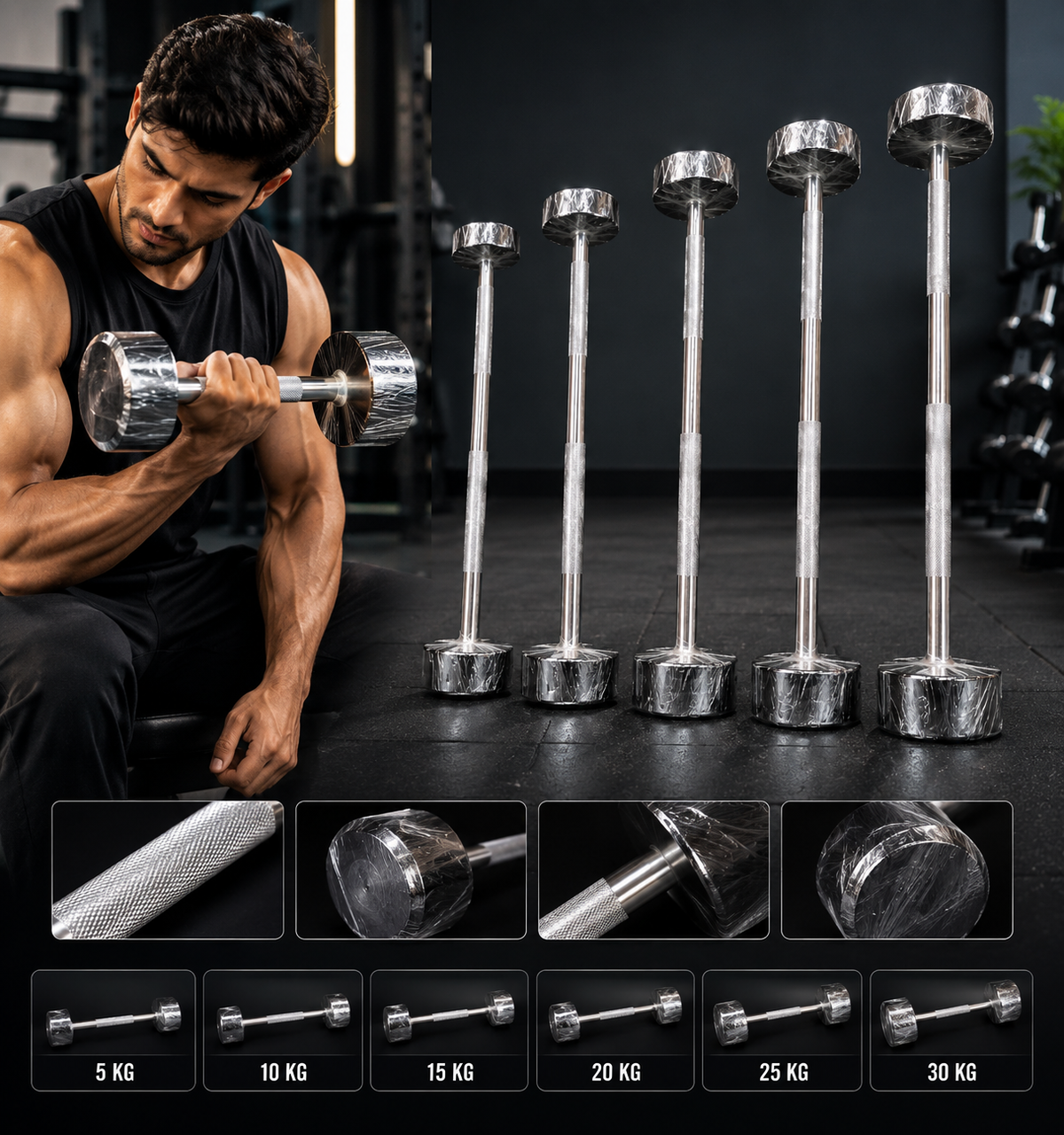 Straight Dumbbell Bar – Heavy-Duty Chrome Steel Fixed Weight Dumbbell