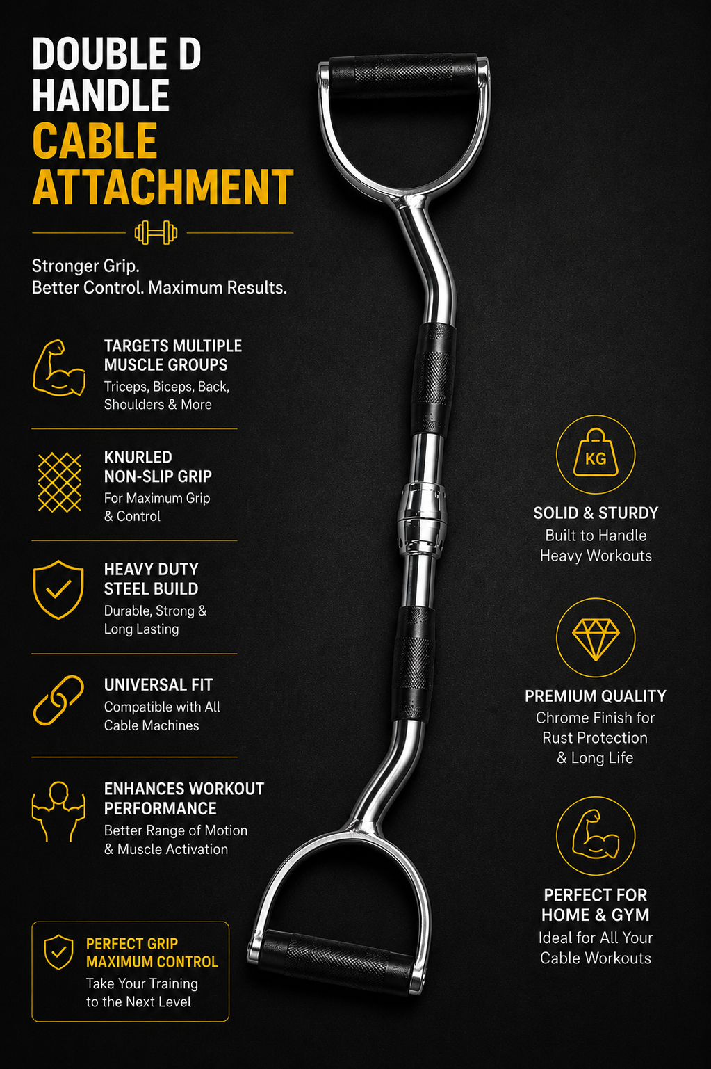 Double D Handle Cable Attachment – Heavy-Duty Chrome Steel Gym Grip