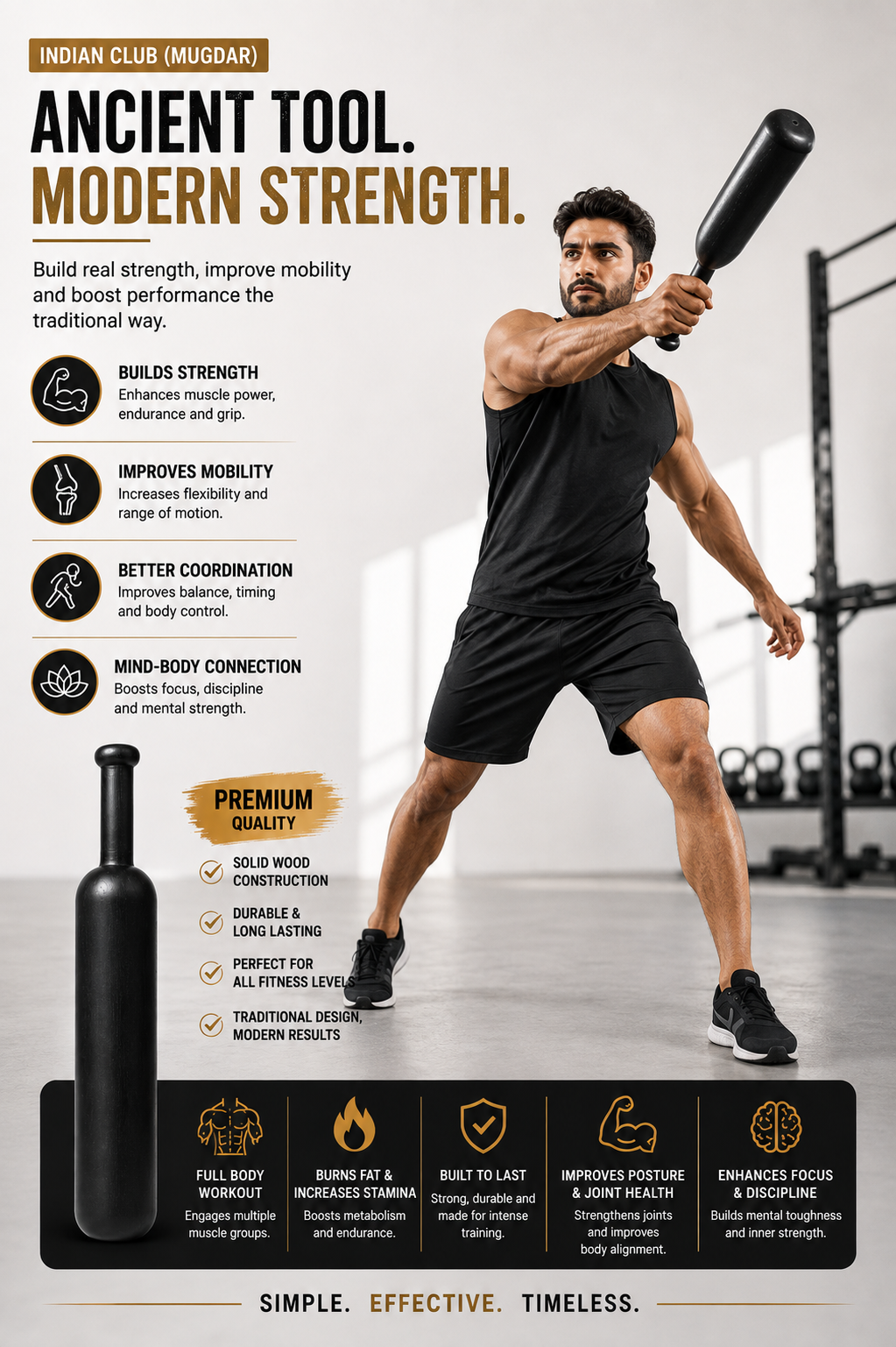 Premium Wooden Indian Club (Mugdar) – Traditional Strength Training Equipment