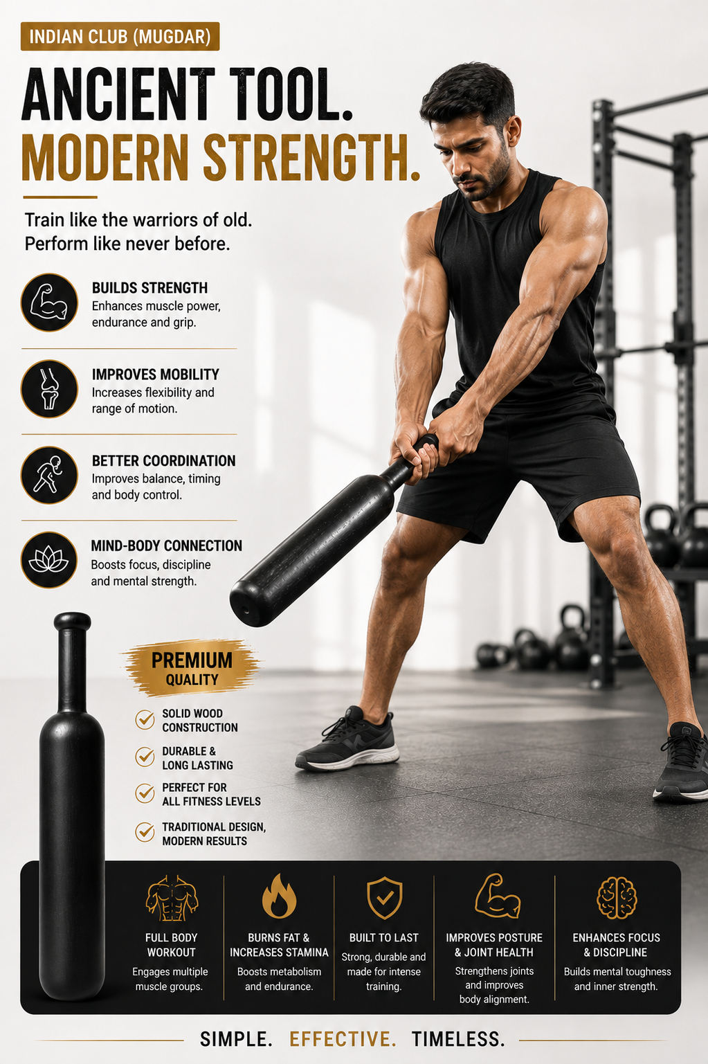 Premium Wooden Indian Club (Mugdar) – Traditional Strength Training Equipment