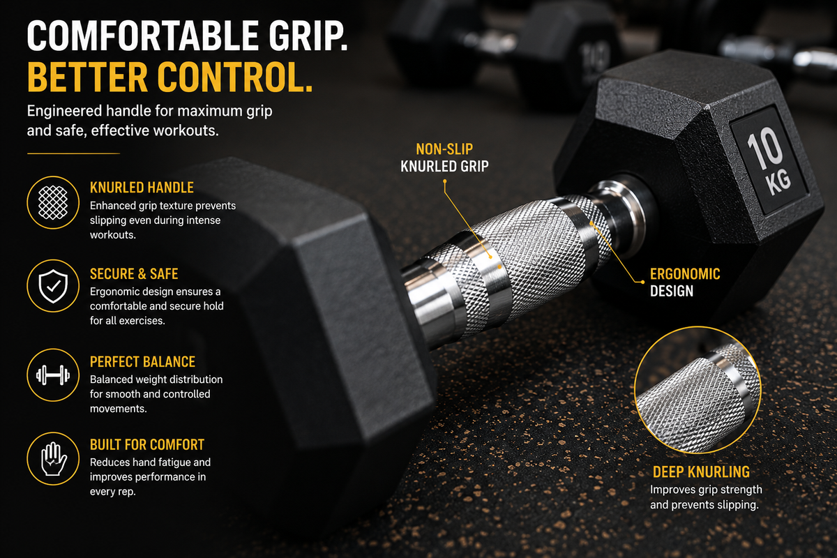 Premium Hex Dumbbell – Rubber Coated Hexagonal Dumbbell with Knurled Grip