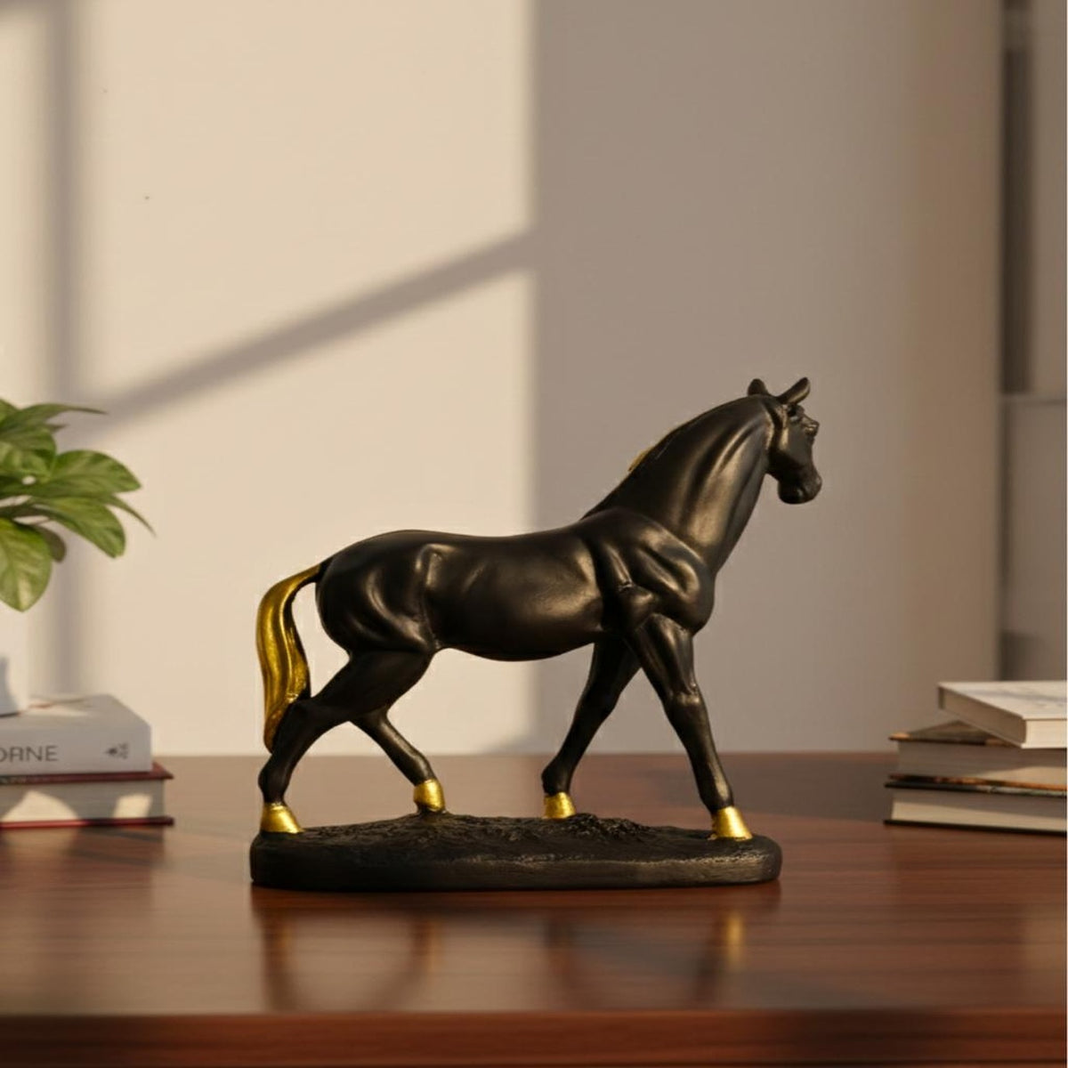 Black & Gold Horse Showpiece | Elegant Resin Home Décor