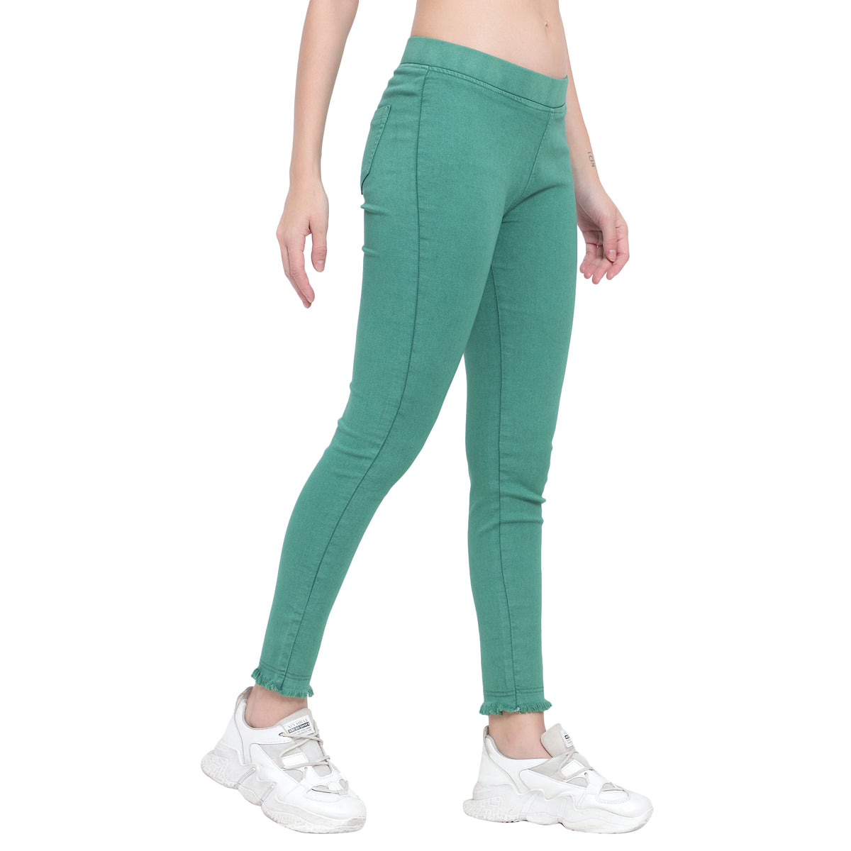 Women's Green Frayed-Hem Denim Jeggings