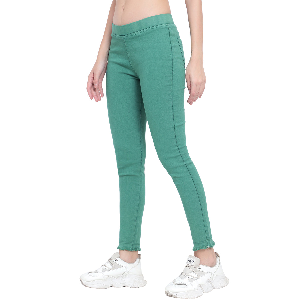 Women's Green Frayed-Hem Denim Jeggings