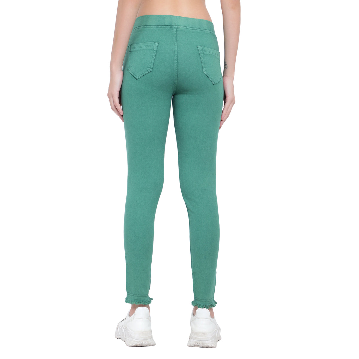 Women's Green Frayed-Hem Denim Jeggings
