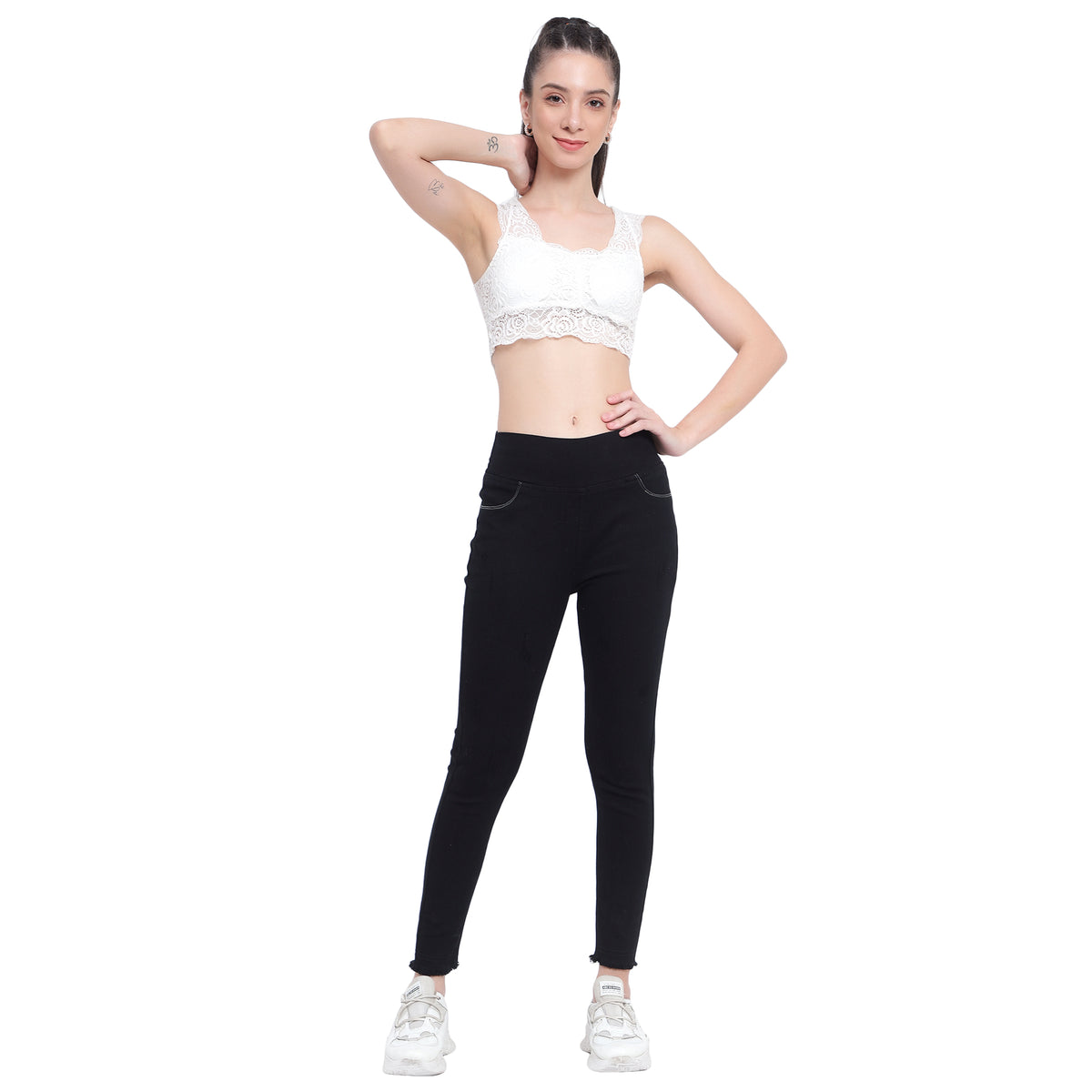 Women's Black High-Waist Skinny Jeggings with Frayed Hem