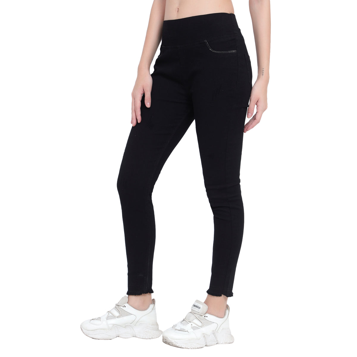 Women's Black High-Waist Skinny Jeggings with Frayed Hem