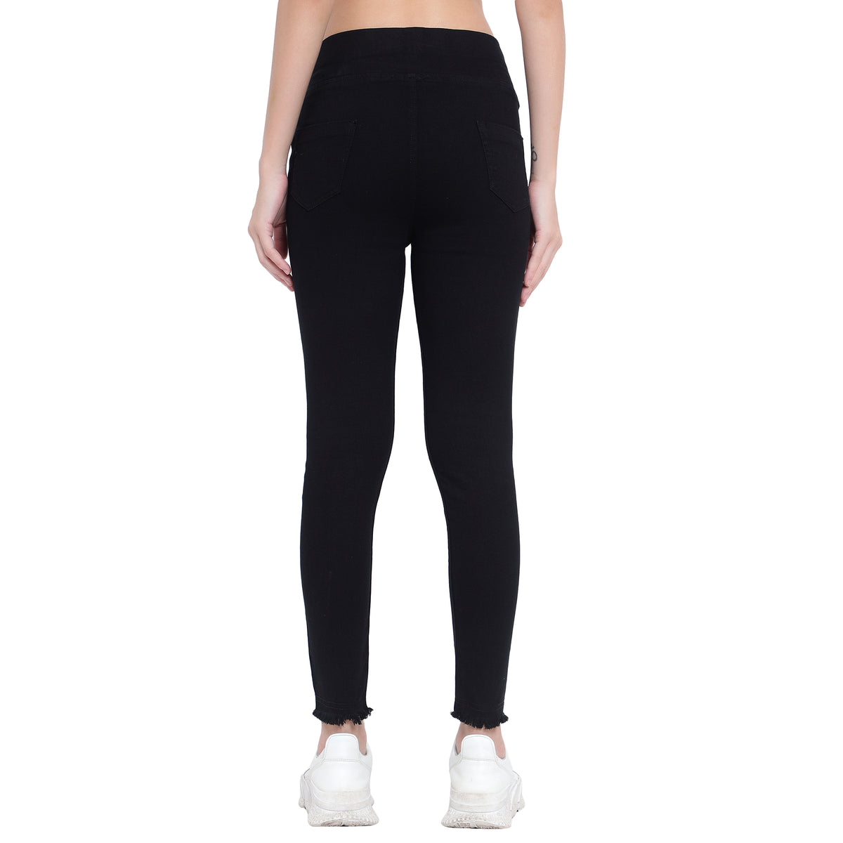 Women's Black High-Waist Skinny Jeggings with Frayed Hem