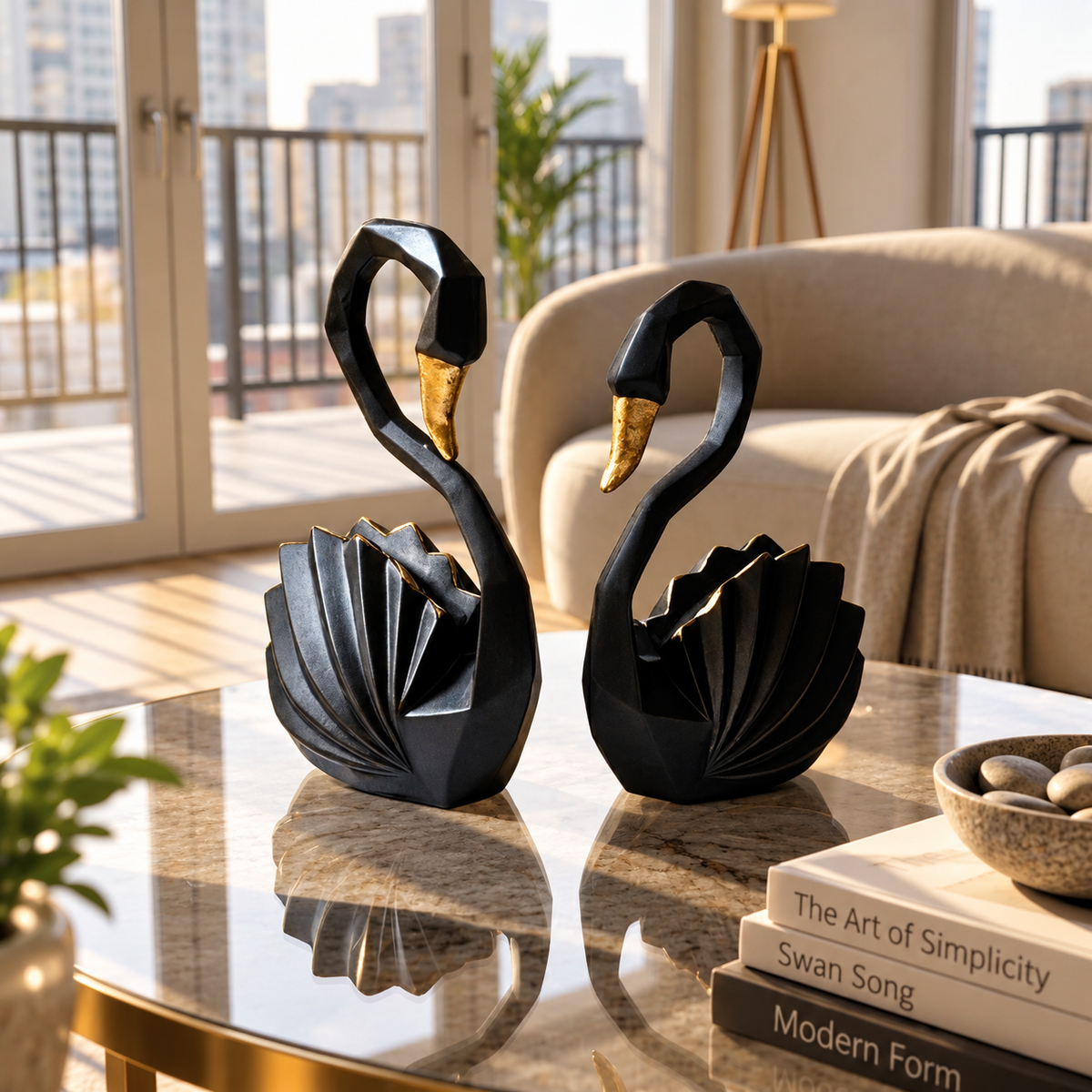 Elegant Black Swan Couple Statue – Gold Beak Home Décor Set
