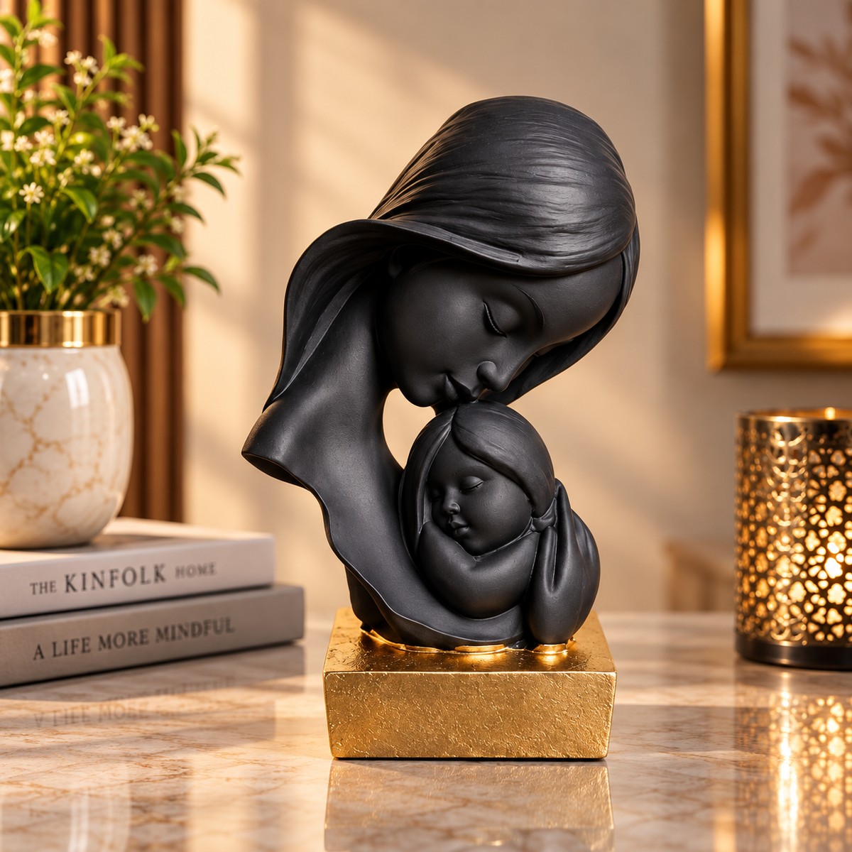 Black Mother & Child Decorative Sculpture with Gold Base