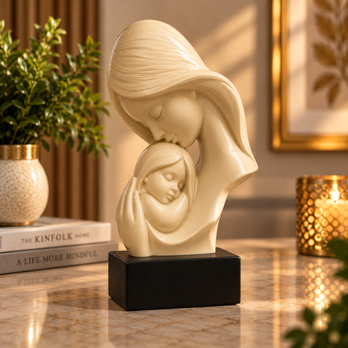 Elegant Mother & Child Decorative Sculpture – Cream & Black