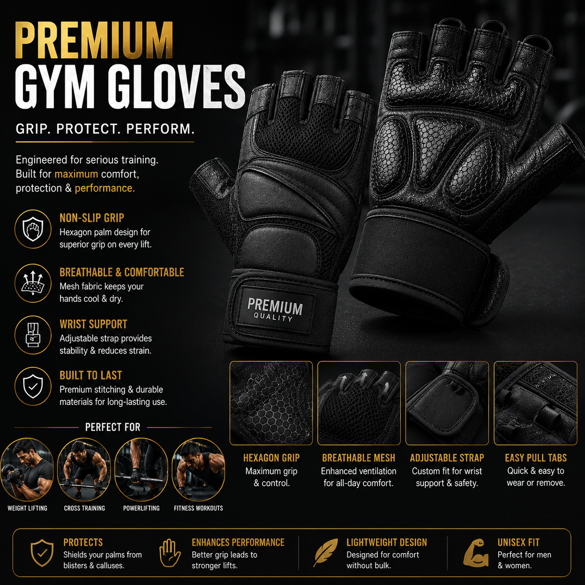 Premium Gym Gloves β Anti-Slip Grip with Adjustable Wrist Support