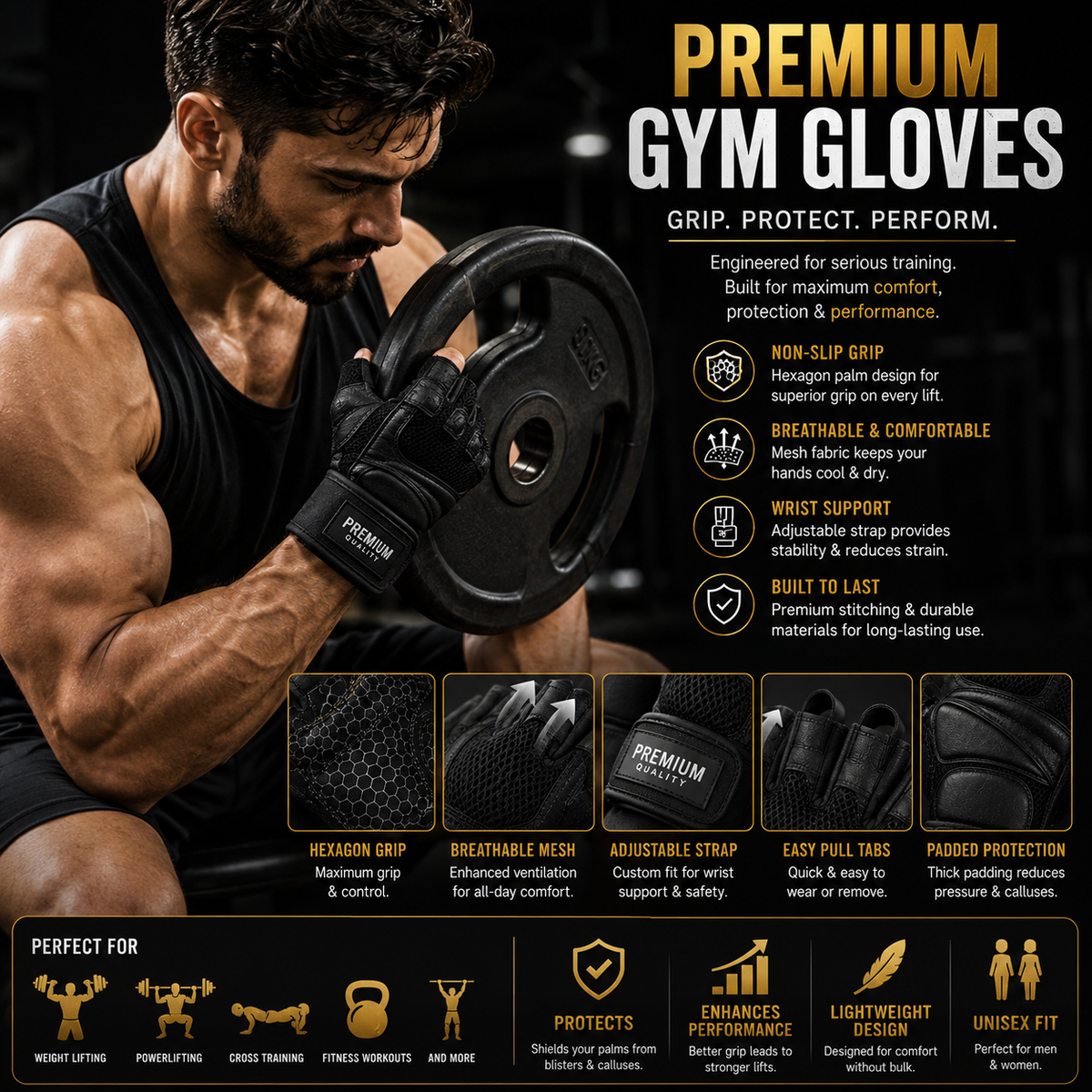 Premium Gym Gloves β Anti-Slip Grip with Adjustable Wrist Support