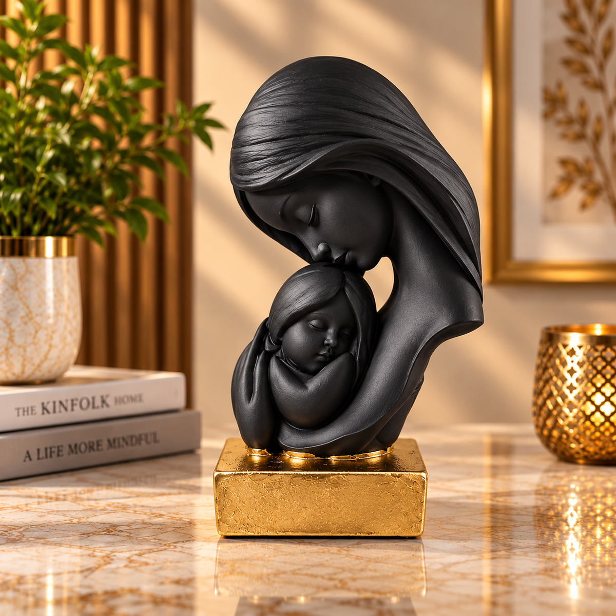 Black Mother & Child Decorative Sculpture with Gold Base