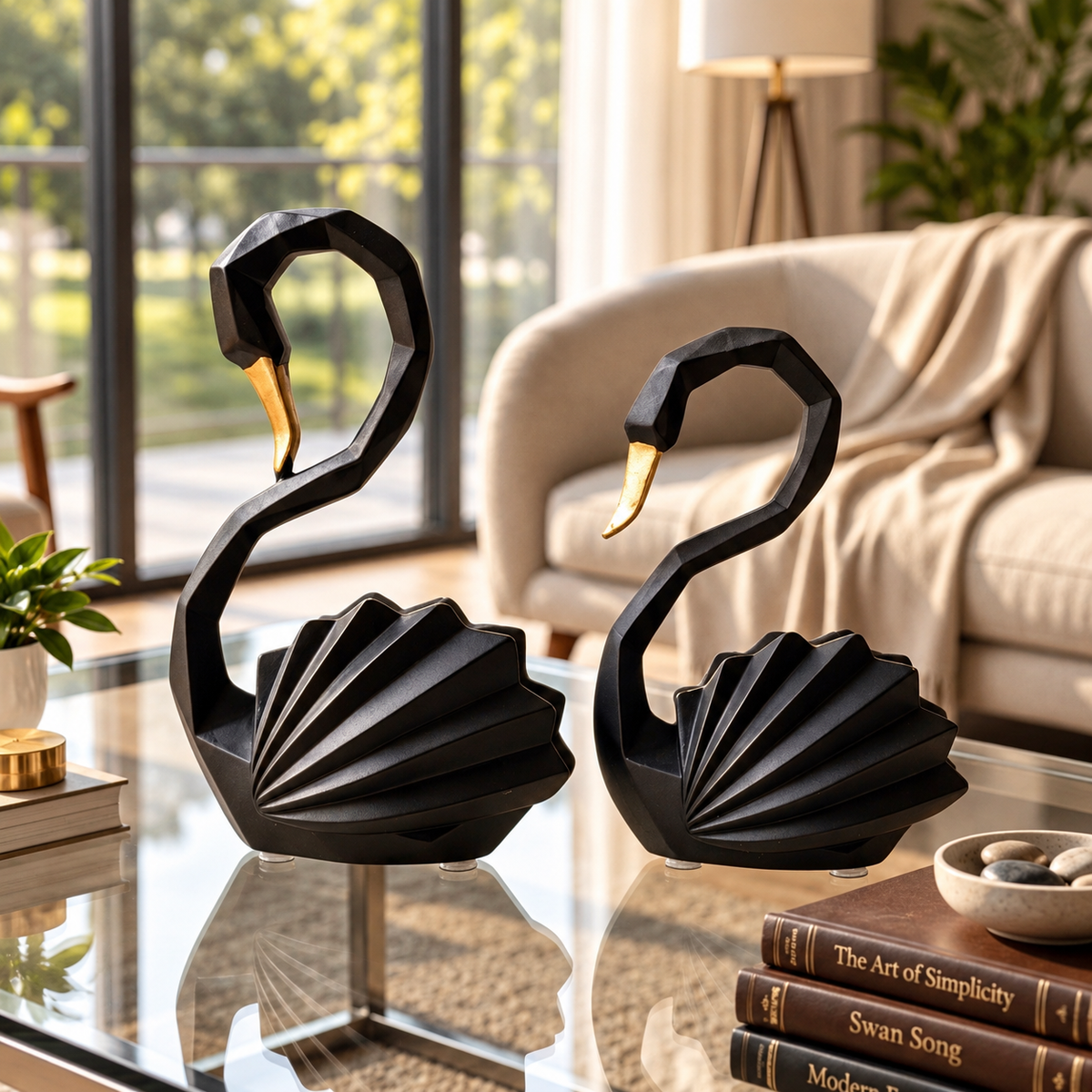 Elegant Black Swan Couple Statue – Gold Beak Home Décor Set