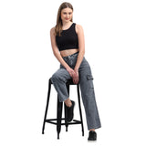 Women’s Grey 6-Pocket Wide-Leg Jeans – High Waist Casual Denim