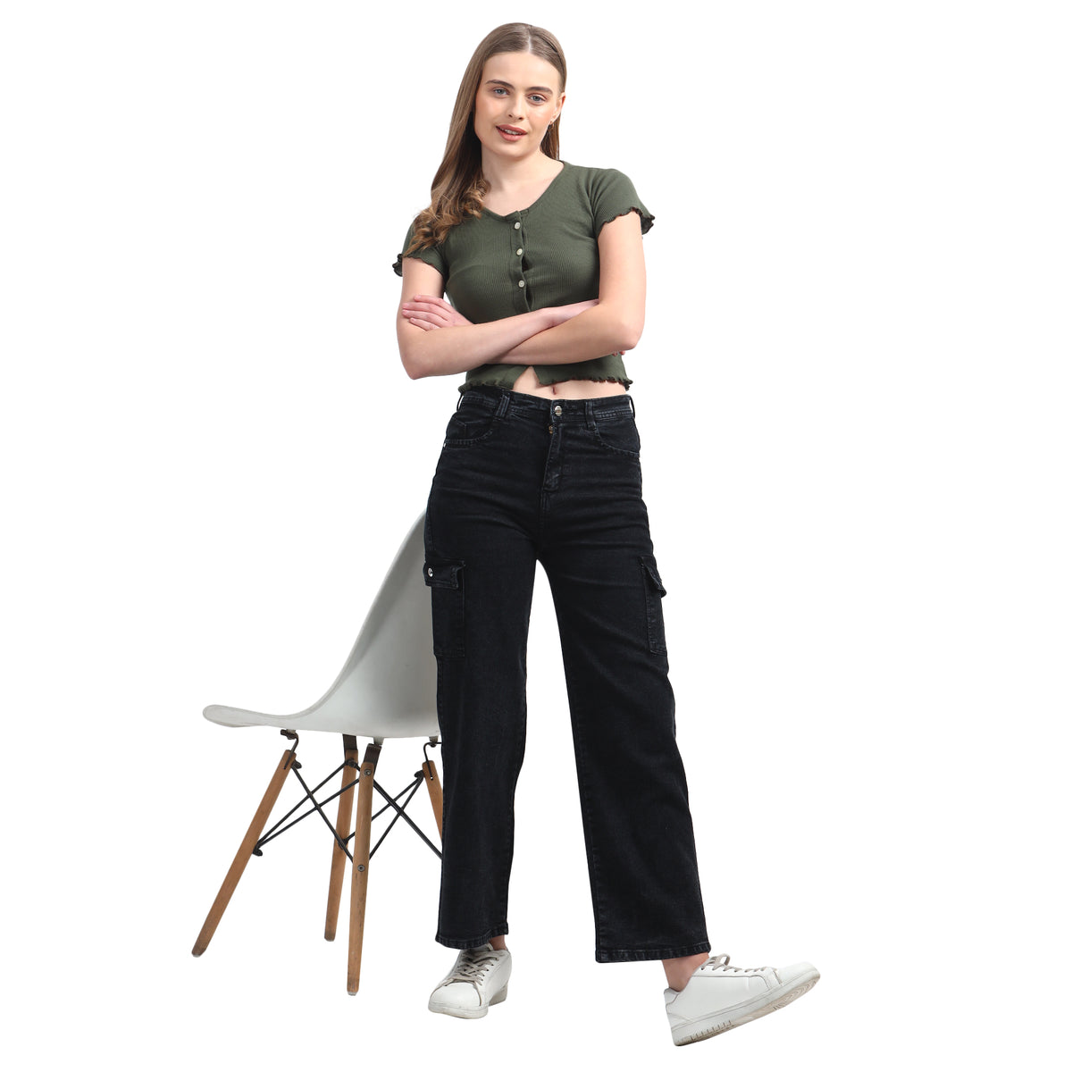 Women’s Black 6-Pocket Wide-Leg Jeans – High Waist Casual Denim