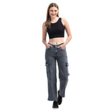 Women’s Grey 6-Pocket Wide-Leg Jeans – High Waist Casual Denim