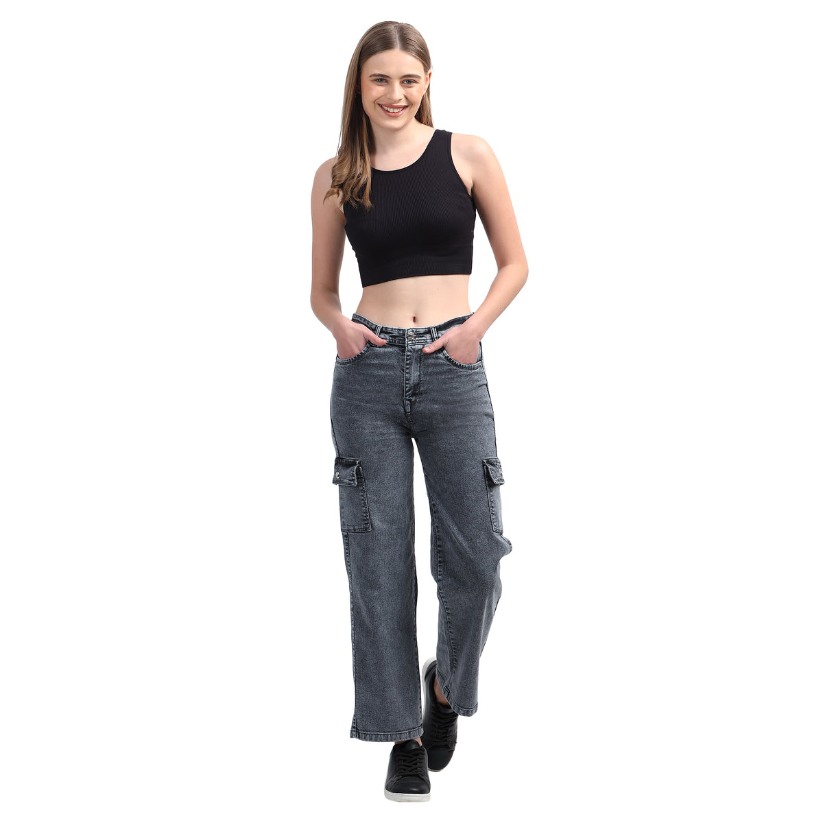 Women’s Grey 6-Pocket Wide-Leg Jeans – High Waist Casual Denim