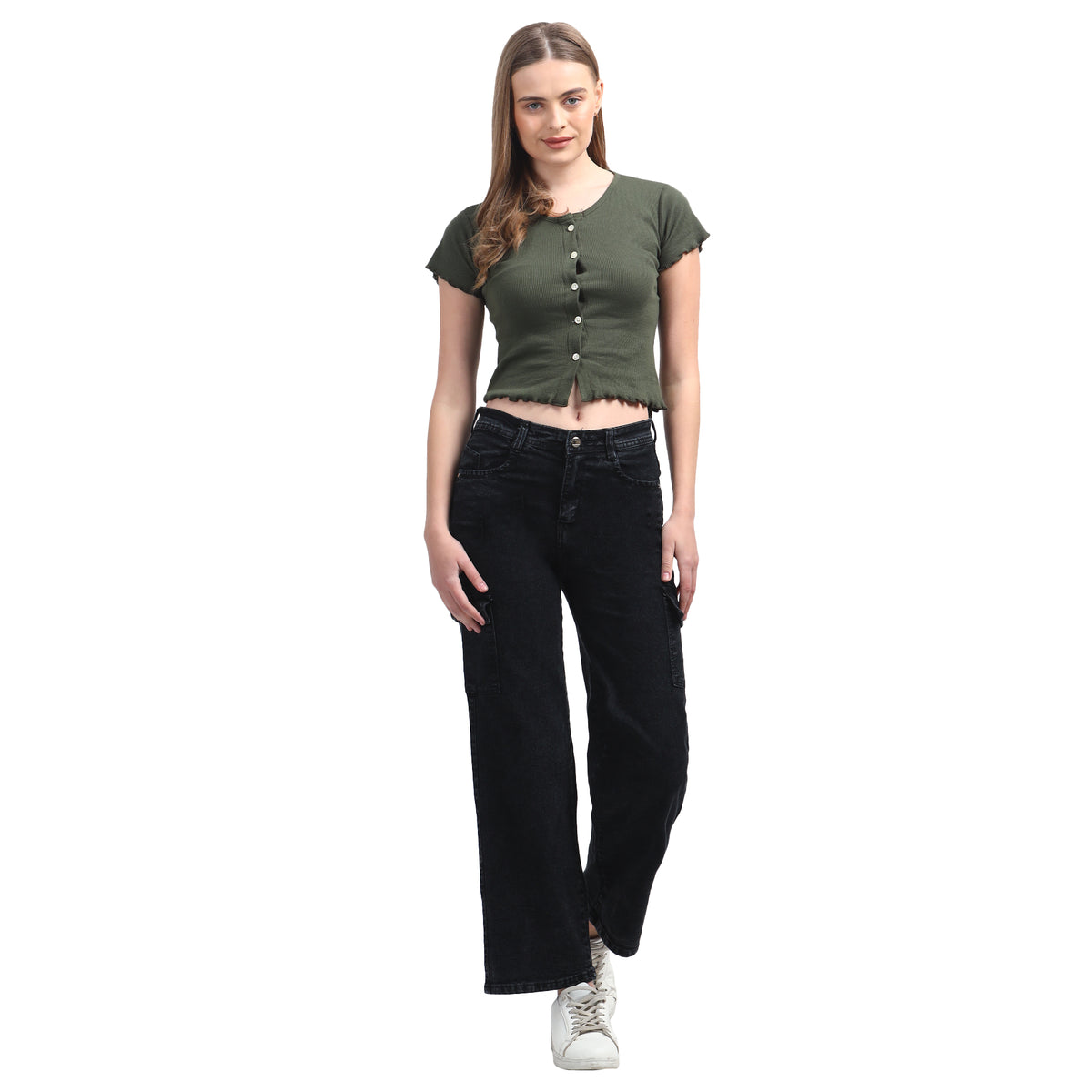 Women’s Black 6-Pocket Wide-Leg Jeans – High Waist Casual Denim