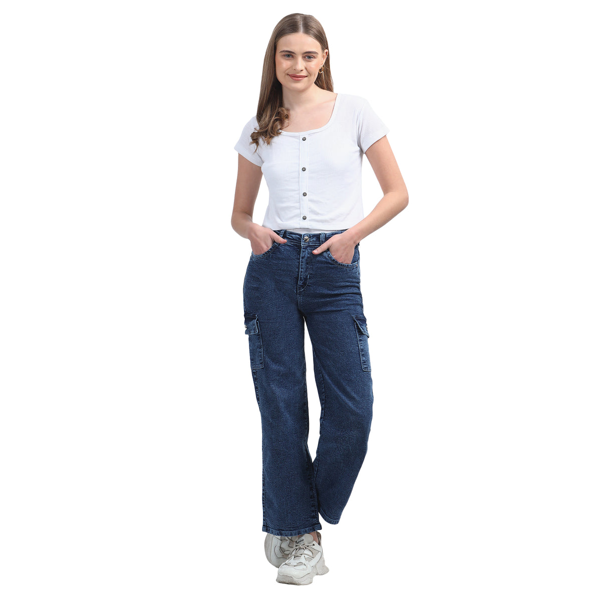 Women’s Blue 6-Pocket Wide-Leg Jeans – High Waist Casual Denim