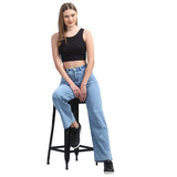Women’s Sky Blue Boyfriend Jeans – High-Waist Relaxed Wide-Leg Denim