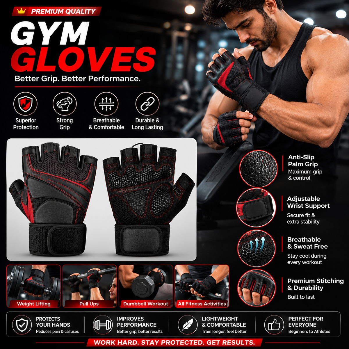Premium Gym Gloves – Anti-Slip Grip with Adjustable Wrist Support