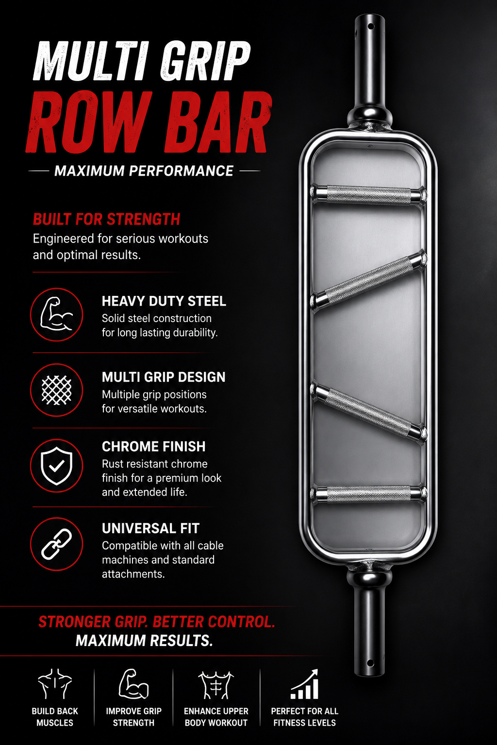 Multi-Grip Row Bar – Heavy-Duty Steel Cable Machine Attachment