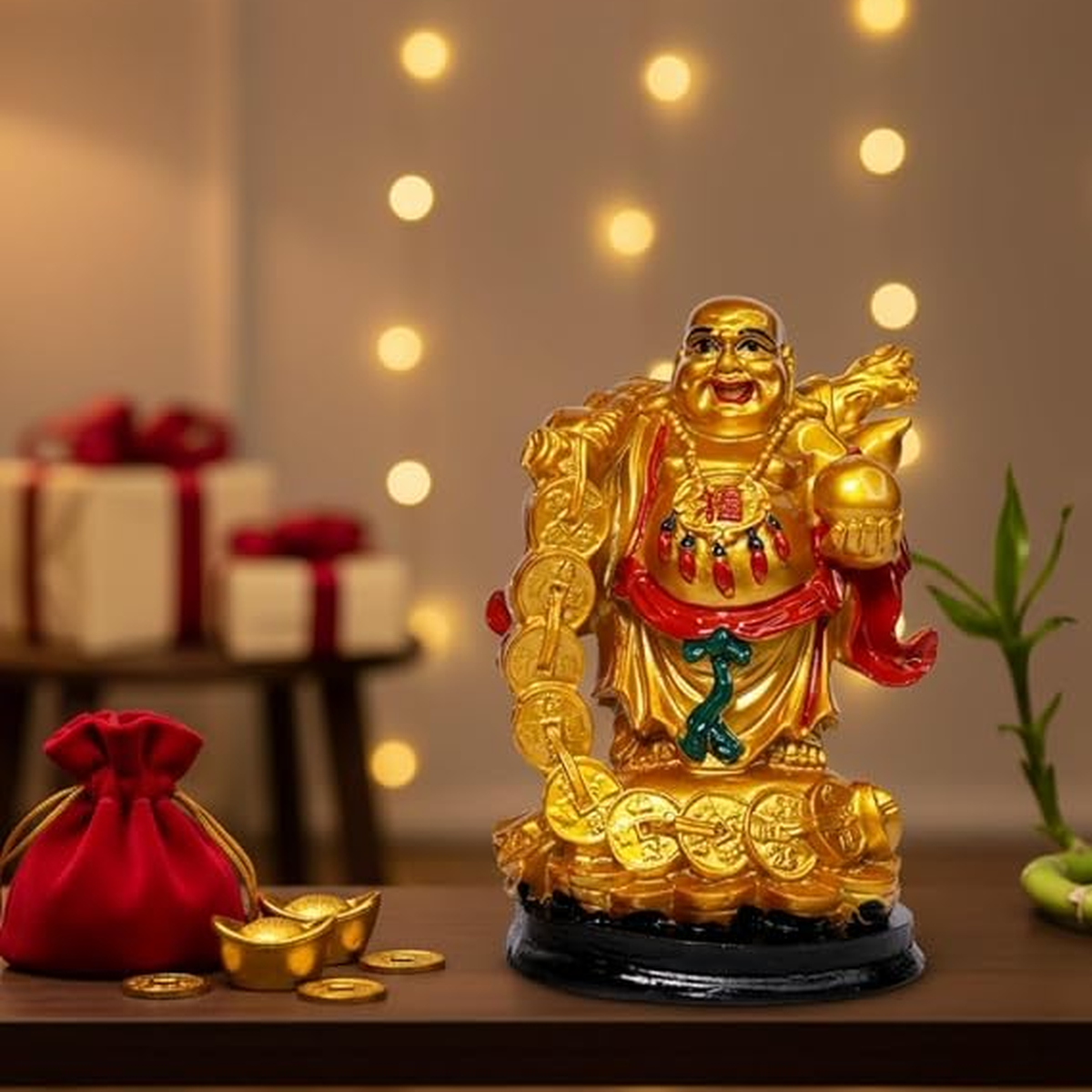 Golden Potli Buddha Statue – Wealth & Good Luck Decorative Idol
