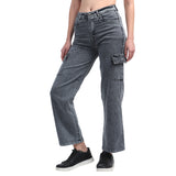 Women’s Grey 6-Pocket Wide-Leg Jeans – High Waist Casual Denim