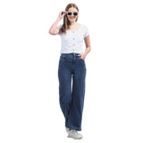 Women’s Dark Blue Boyfriend Jeans – High-Waist Relaxed Wide-Leg Denim