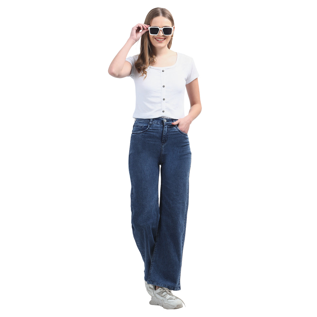 Women’s Dark Blue Boyfriend Jeans – High-Waist Relaxed Wide-Leg Denim