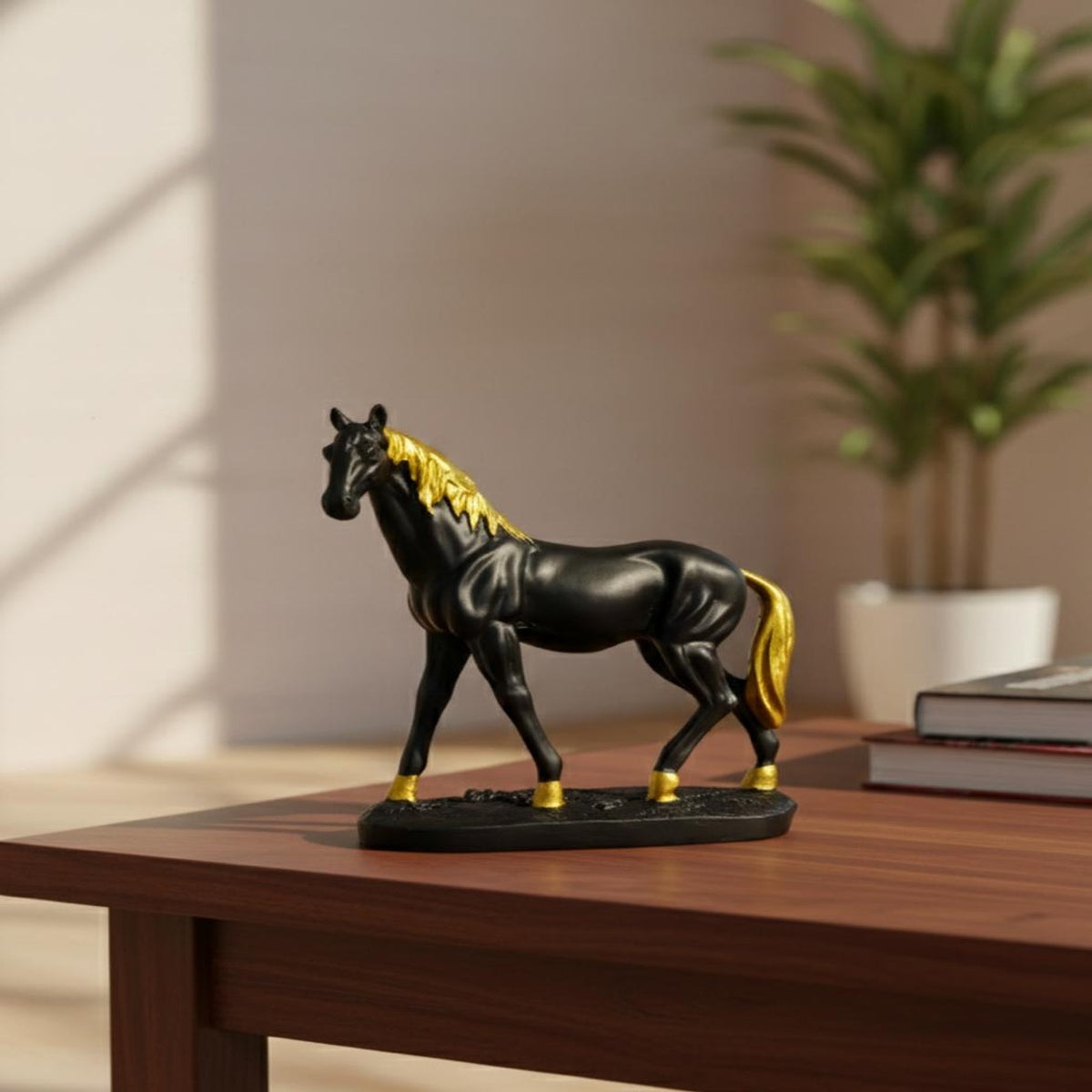 Black & Gold Horse Showpiece | Elegant Resin Home Décor