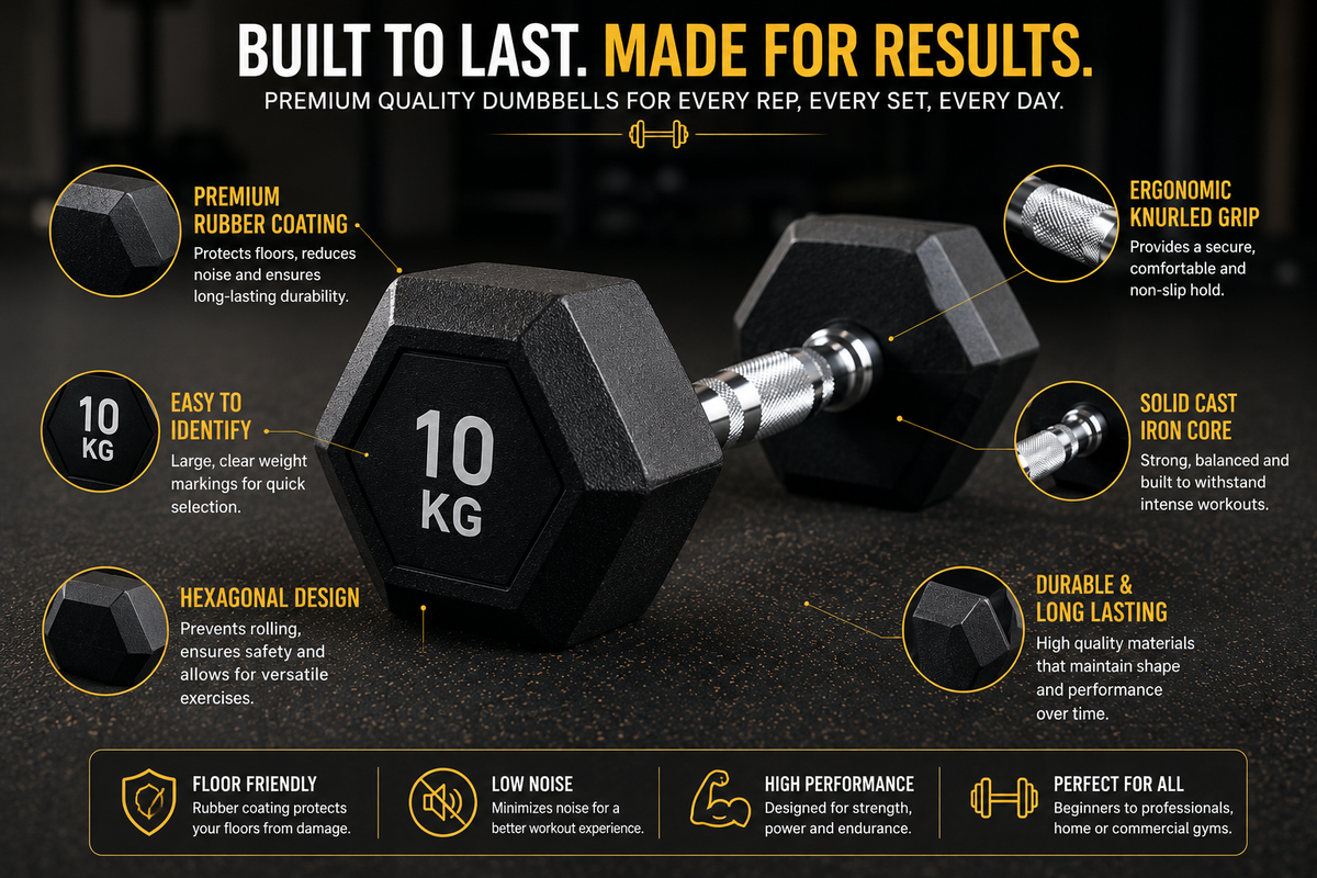 Premium Hex Dumbbell – Rubber Coated Hexagonal Dumbbell with Knurled Grip