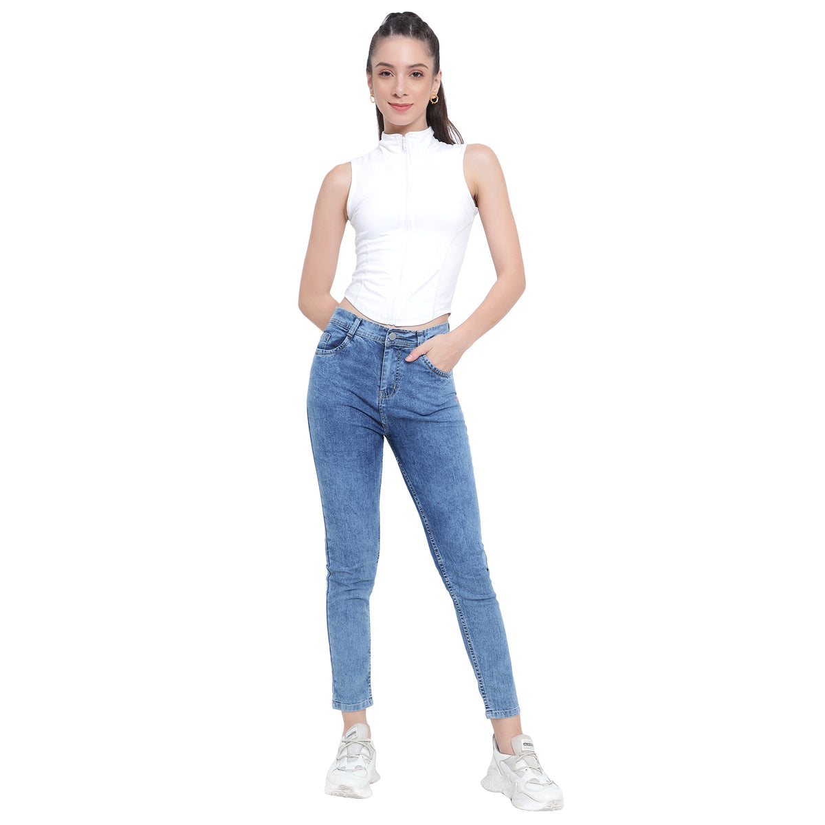 Women’s Light Blue Slim Fit Jeans – High Waist Ankle-Length Denim
