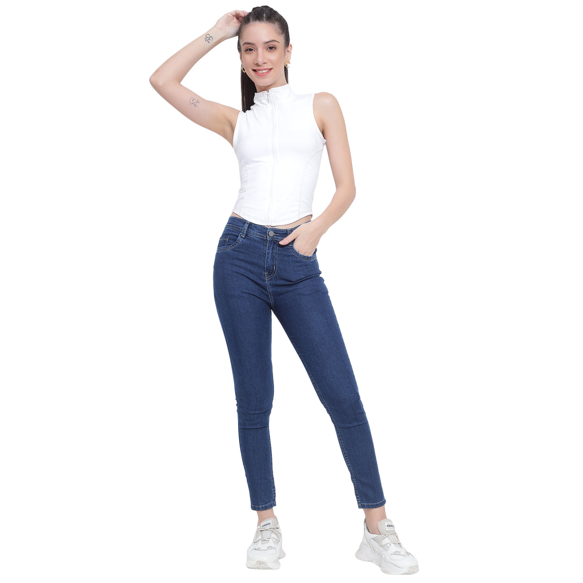 Women’s Dark Blue Slim Fit Jeans – High Waist Ankle-Length Denim