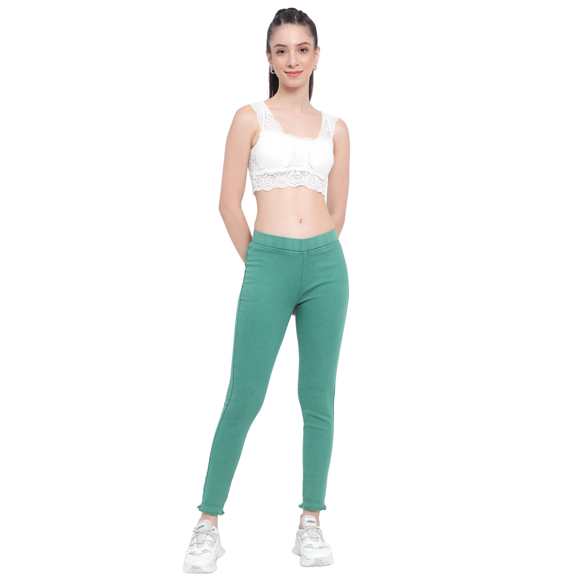 Women's Green Frayed-Hem Denim Jeggings