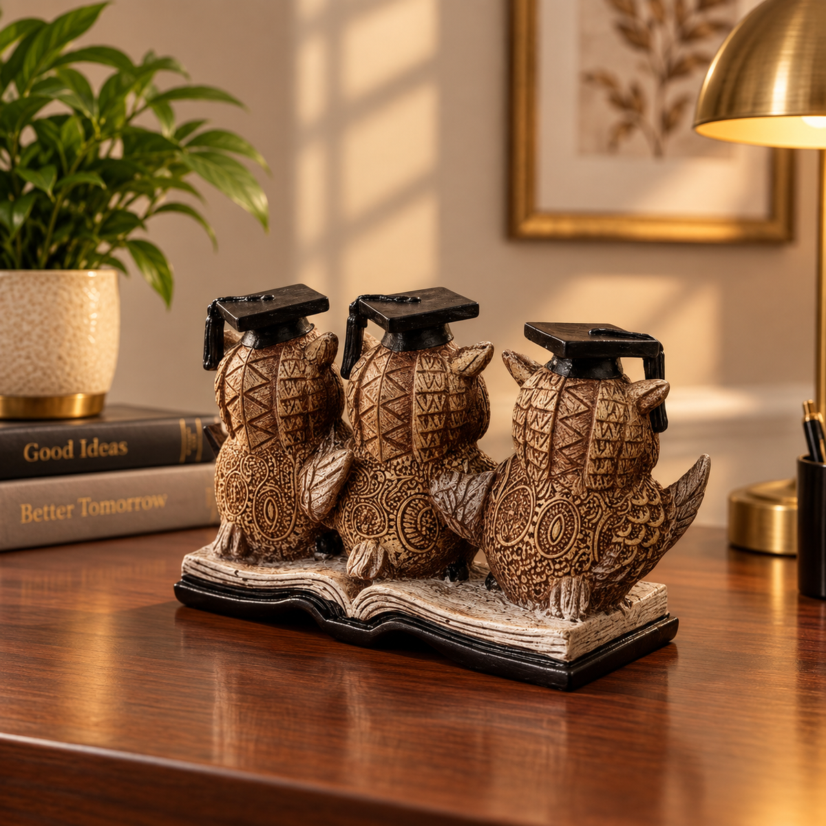 Set of 3 Decorative Owl Figurines with Graduation Caps – Study & Office Décor