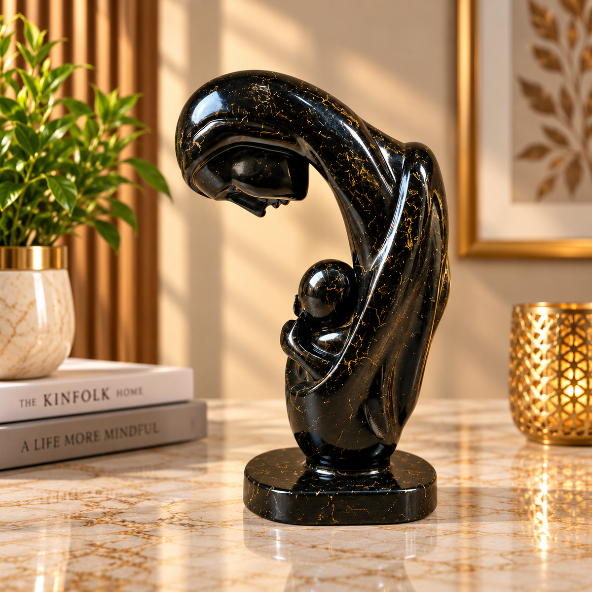 Black Mother & Child Decorative Sculpture – Elegant Modern Home Décor
