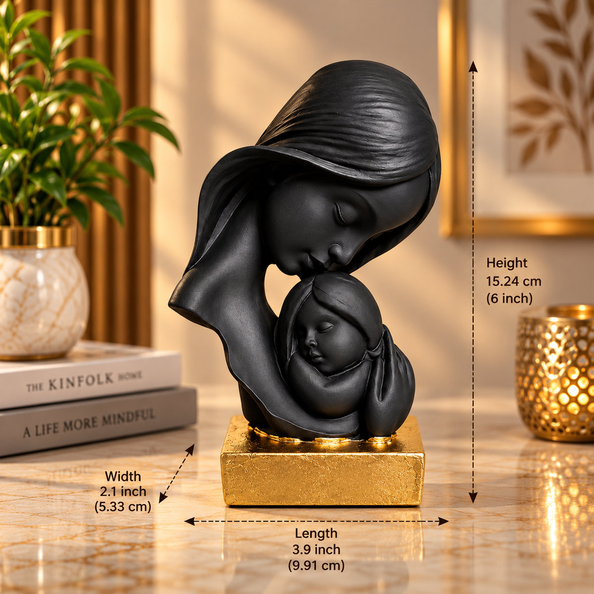 Black Mother & Child Decorative Sculpture with Gold Base