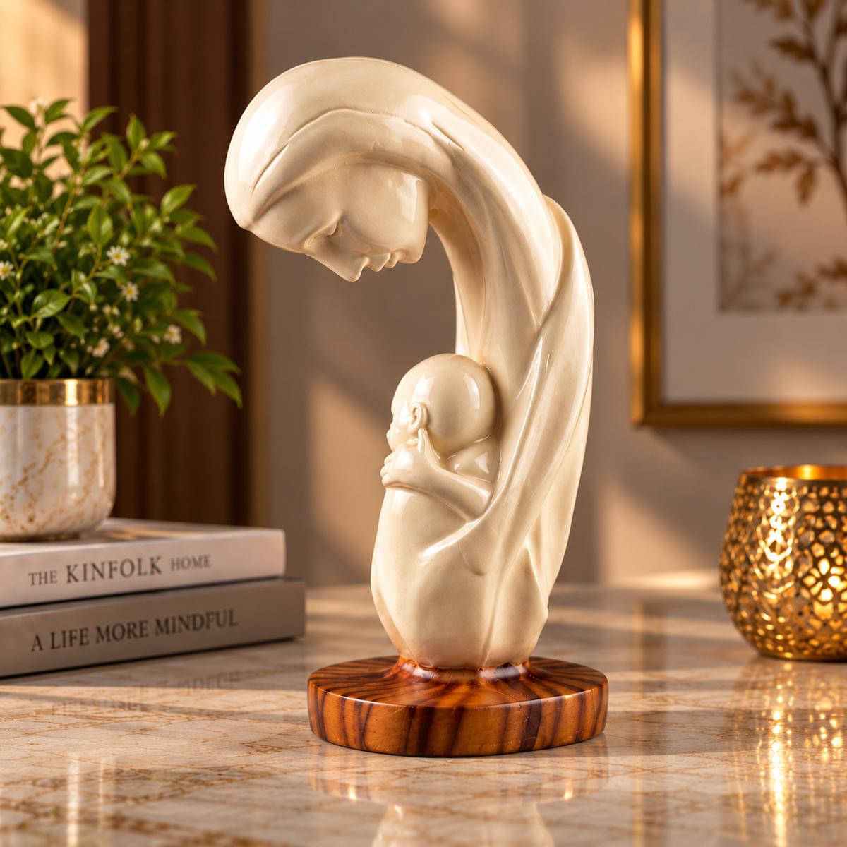 Elegant Mother & Child Decorative Sculpture with Wooden-Style Base