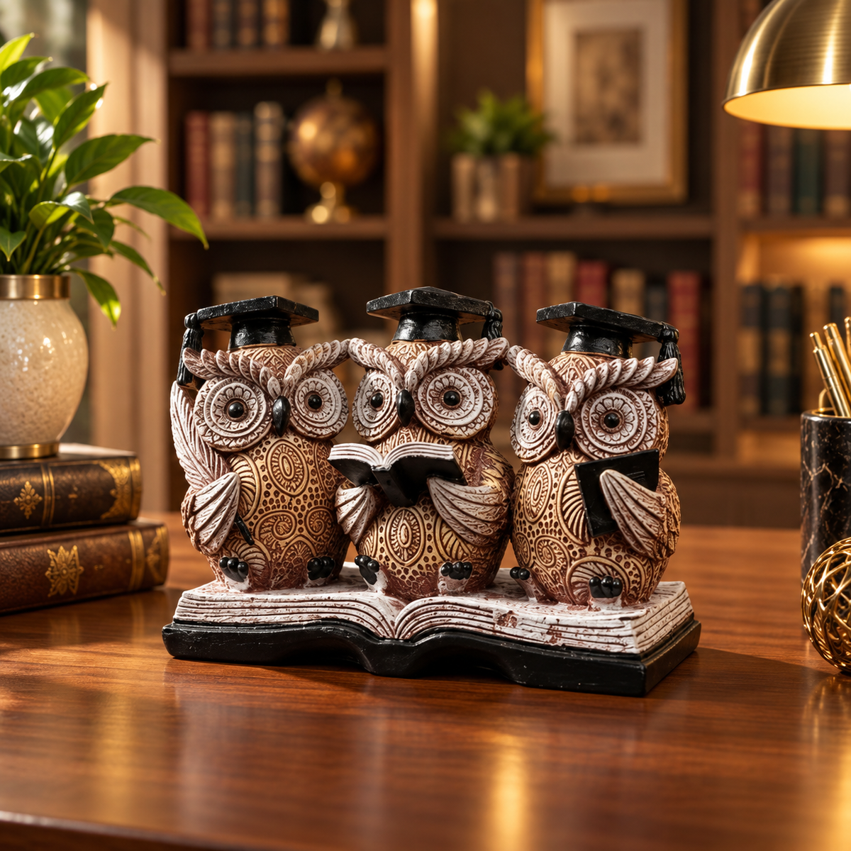 Set of 3 Decorative Owl Figurines with Graduation Caps – Study & Office Décor